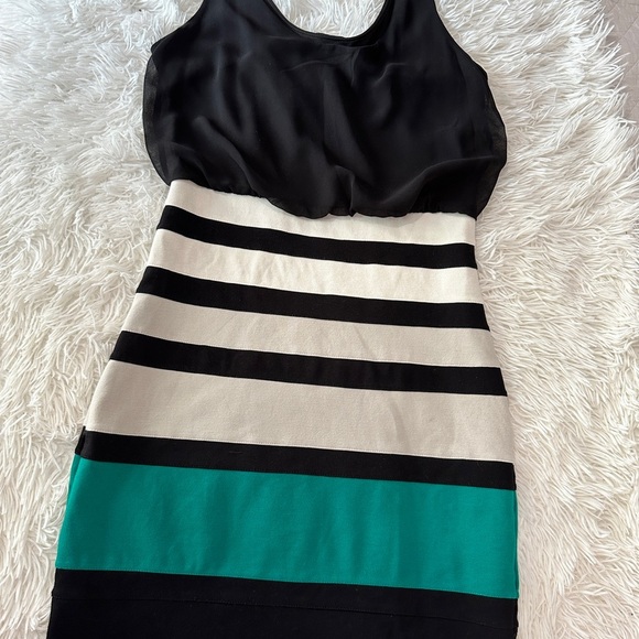 Express Black Chiffon Top Colorblock Stripe Bodycon Dress XS - Picture 2 of 9